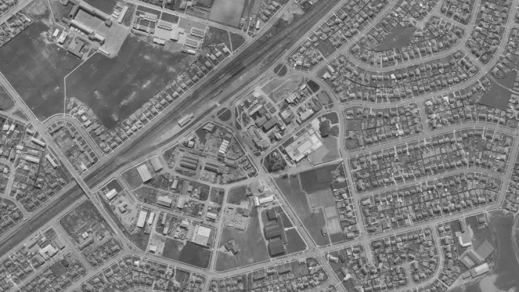 Black and white photo of a bird's eye view of Naenae suburb of Lower Hutt