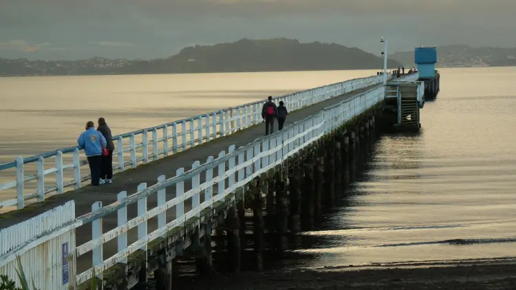 Couples walking down a wharf during dusk