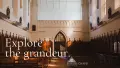 Interior photo of the Erskine Chaple, light shines down through the high windows hitting the pews. 
