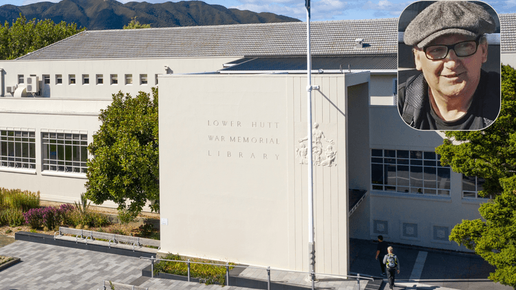 Large grey building with additional photo of man in cap in the top corner