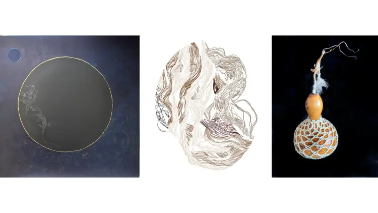 Three artworks, one black on blue, one grey on white and one photograph on black background