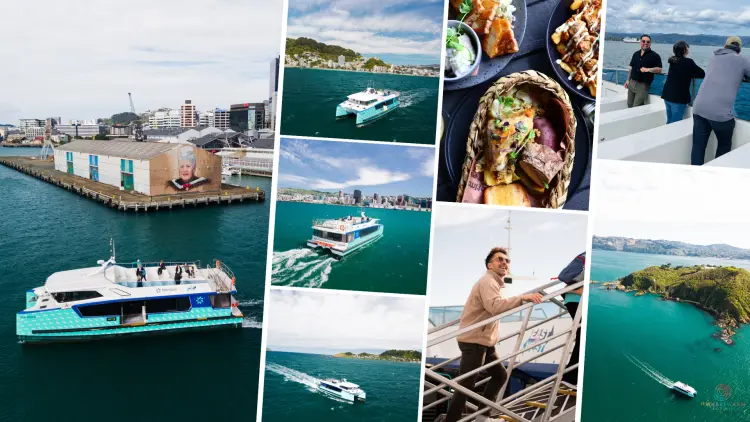 Collage of harbour ferry, people on ferry and seafood