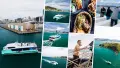 Collage of harbour ferry, people on ferry and seafood