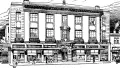 Pencil sketch of a brick building with signature on bottom right