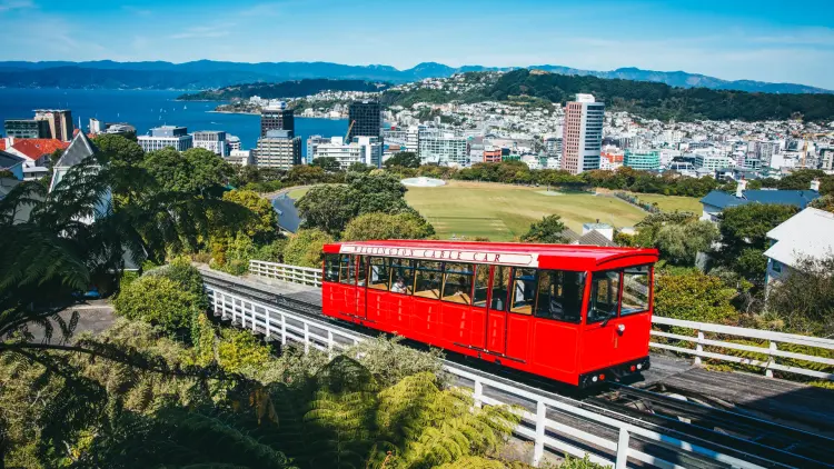 Red cable car with park and city harbour behind