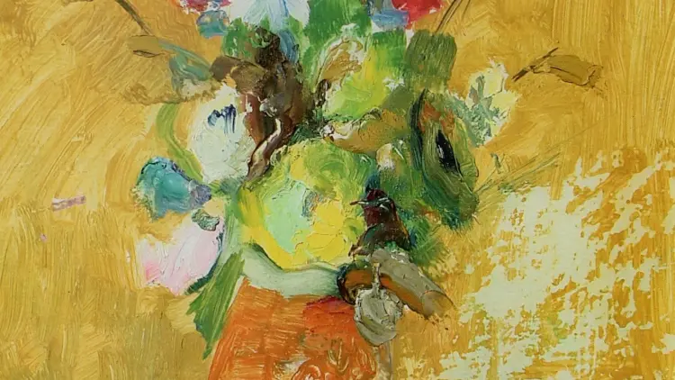 Painting by Patricia France of an orange vase of flowers on a yellow back ground.