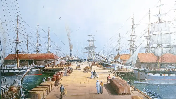 Watercolour of a harbour with ships