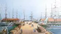 Watercolour of a harbour with ships