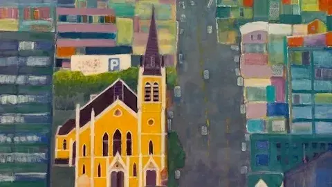 Painting of church and houses