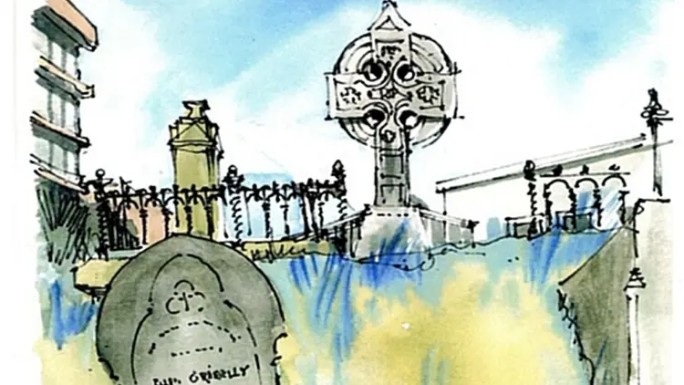 Watercolour artwork of a graveyard with stone tombstones