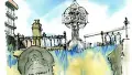 Watercolour artwork of a graveyard with stone tombstones