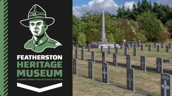 Text reading Featherston Heritage Museum. Shot of a cemetery to the right.