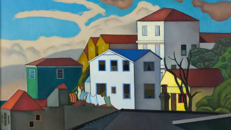 Colour painting of buildings and a blue sky with white clouds