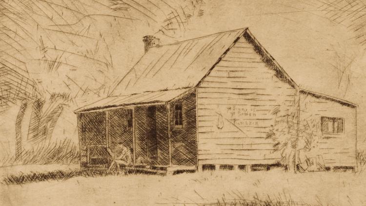 Sketch of a cottage on paper
