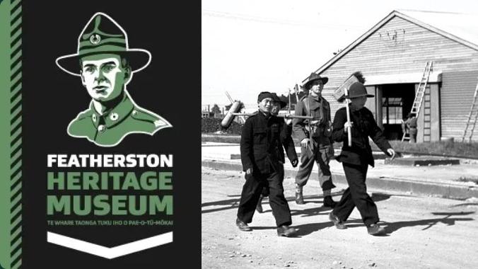 Banner reading Featherston Heritage Museum. Photo of prisoners of war being escorted by a soldier to the right.