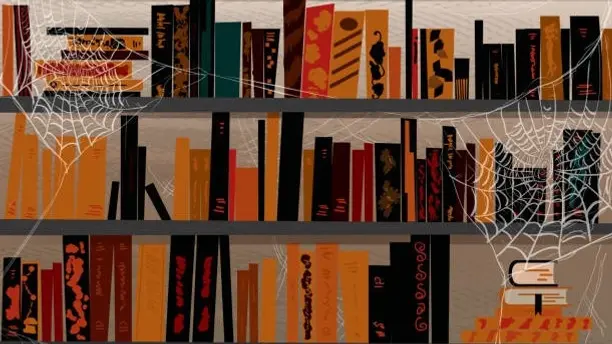 A cartoon drawing of a bookshelf in halloween colours, covered in spiderwebs