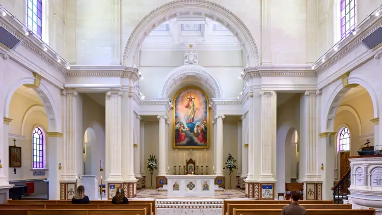 Inside of a white walled church