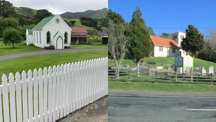 two photos side by side of churches behind white fences