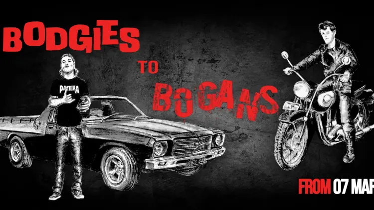 Red text on black backfround with a man standing in front of a car and a man on a motorbike