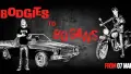 Red text on black backfround with a man standing in front of a car and a man on a motorbike