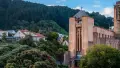 Exterior shot of large pink cathedral surrounded by trees
