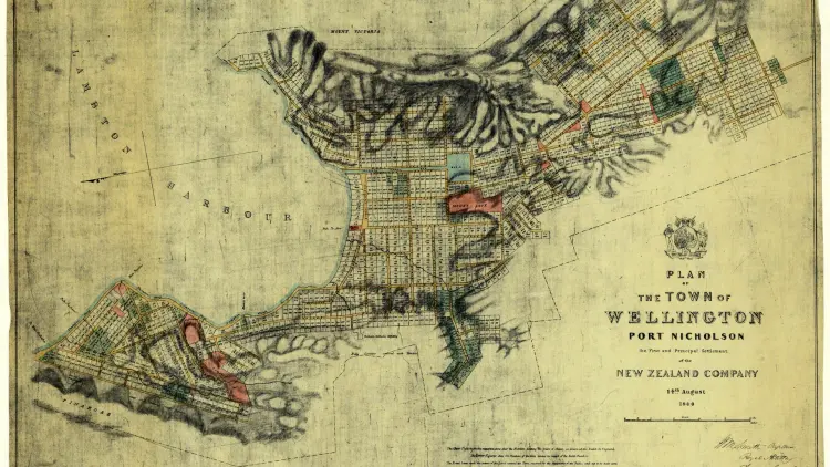 Map of Wellington City harbour on yellowed paper