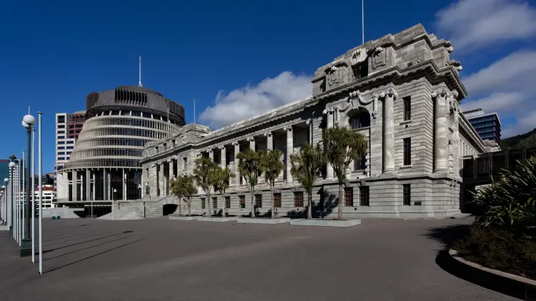 Exterior shot of the New Zealand parliament buildings and beehive