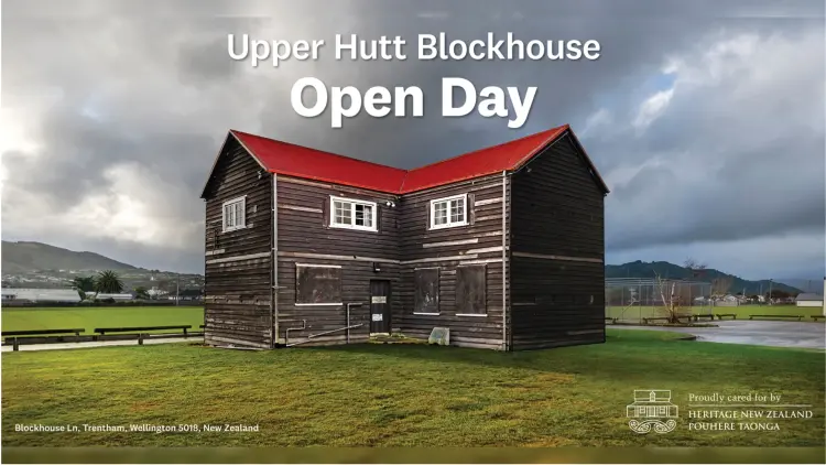 Photo of a wooden blockhouse building with a red roof in a green field with white text above. A Heritage NZ logo is on the bottom right.