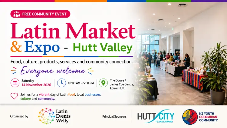 Text on the left, people standing at table booths on right, logos on bottom