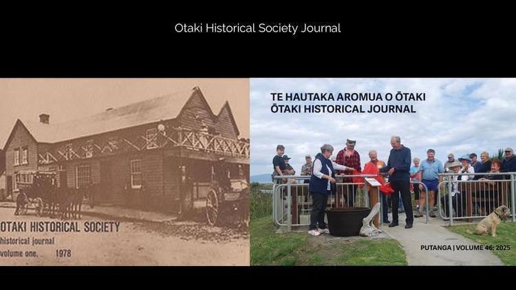 People gather around an info board at a public seating area. Image text reads: "Te Hautaka Aromua o Ōtaki, Ōtaki historical journal"