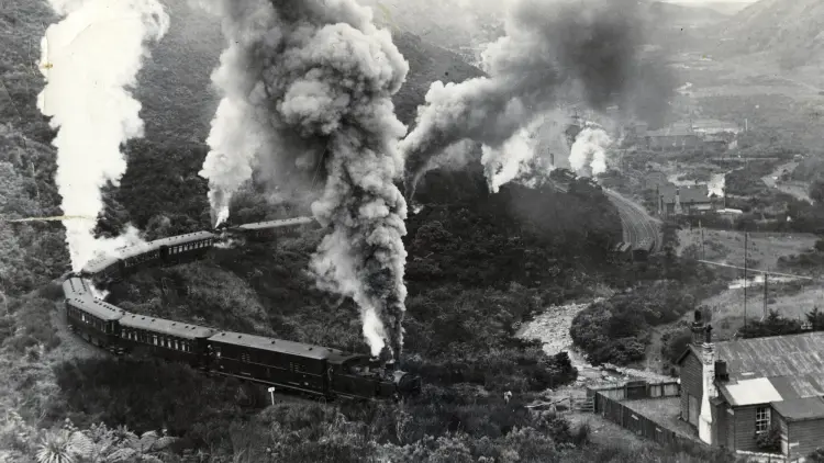 Black and white photo of a stream train