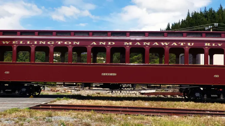"Wellington and Manawaut Rly" text on red tram carriage