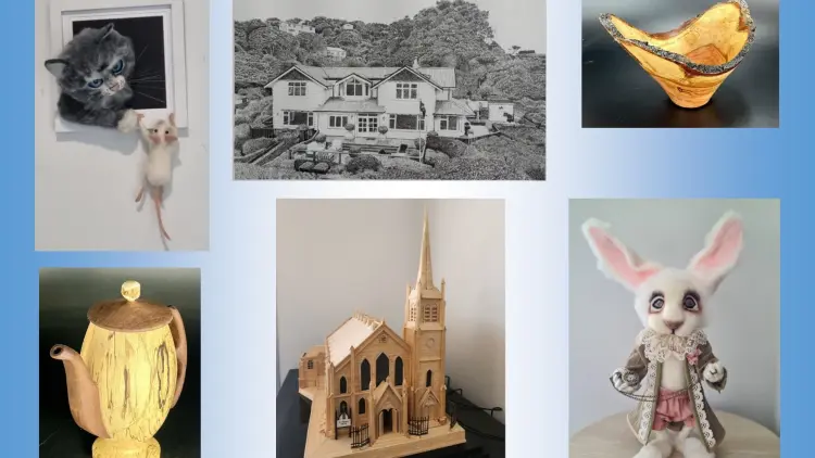 six photographs of artworks on a blue gradient background