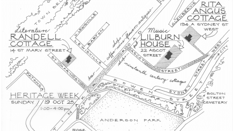Handdrawn map of Lilburn house, randell cottage and rita angus cottage