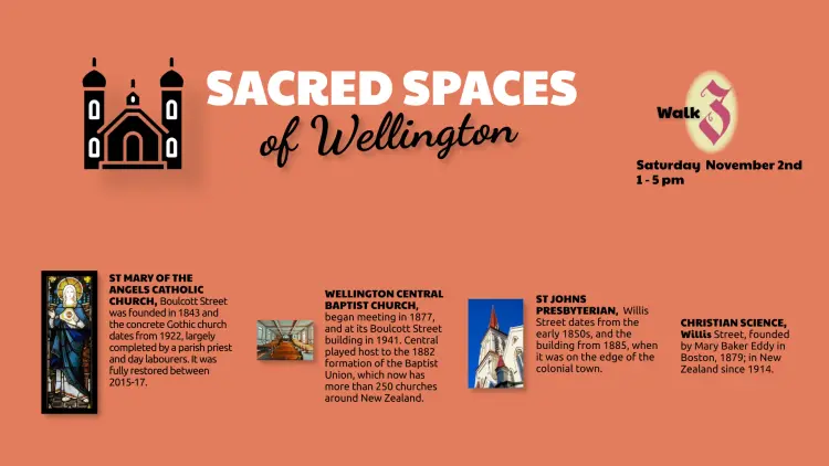 Banner reading "Sacred spaces of Wellington" with information on 4 locations. Information can be found in the event listing.