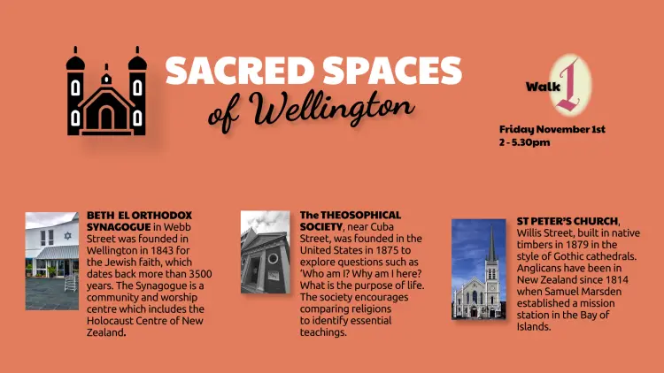 A banner reading "Sacred spaces of Wellington" with details on 3 locations. Details available in event description.