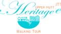 Blue and orange Upper Hutt Heritage Walking Tour featuring a piwakawaka (fantail), Golder's Cottage and the Blockhouse.