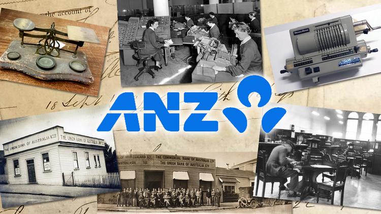ANZ logo and photographs of old bank buildings, tellers and equipment in color