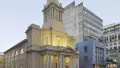 Exterior shot of tall church in concrete