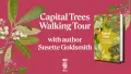 "Capital Trees Walking Tour with author Susette Goldsmith", red background, book and tree leaves