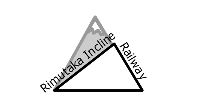 Black and grey logo of a mountain with triangle and text reading Rimutaka Incline Railwau