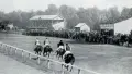Black and white photo of a horserace at Tauherenikau Racecourse