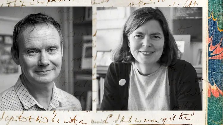 Postcard of two photographs of man on the left and a woman on the right, set on a background of cursive writing