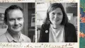 Postcard of two photographs of man on the left and a woman on the right, set on a background of cursive writing