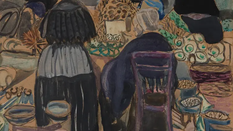Painting of people in black seated at a table of food