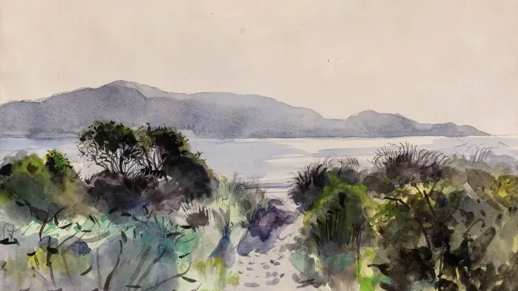 A watercolour painting looking out to Kapiti Island, low lying bush and tussock on a sandy beach in the foreground.