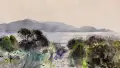 A watercolour painting looking out to Kapiti Island, low lying bush and tussock on a sandy beach in the foreground.