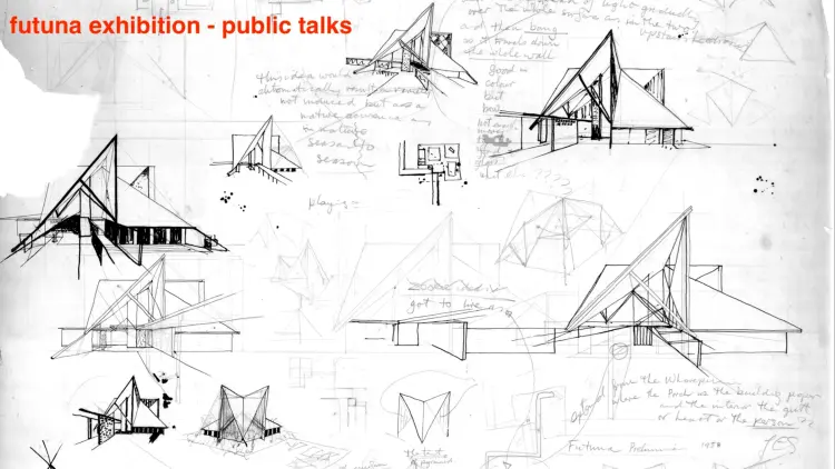 Pencil on paper sketches of the Futuna chapel by John Scott