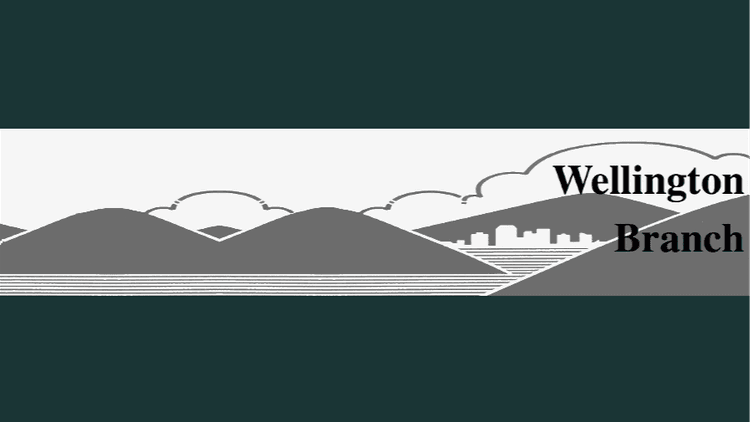 Wellington Branch in text over white and grey sketch of wellington harbour and hills