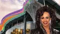 Transgender woman and drag performer Carmen Rupe in front of rainbow coloured Wellington Central Library
